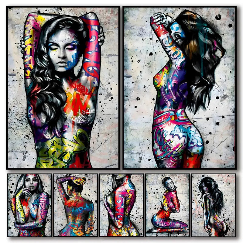 Street Art Woman Body Graffiti Wall Art Canvas Painting Female Body Tattoo Poster And Prints Pictures For Bedroom Home Decor