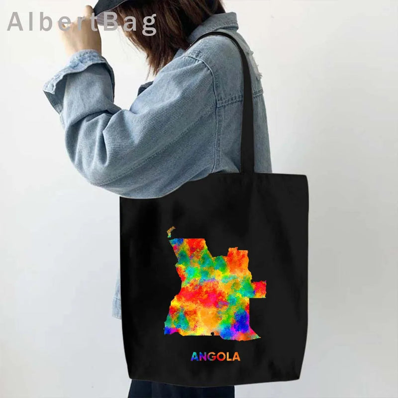 Luanda Angola Map Flag Emblem Gift Idea Love Heart South Africa Skyline Shopper Harajuku Canvas Tote Bag Cotton Shopping Handbag