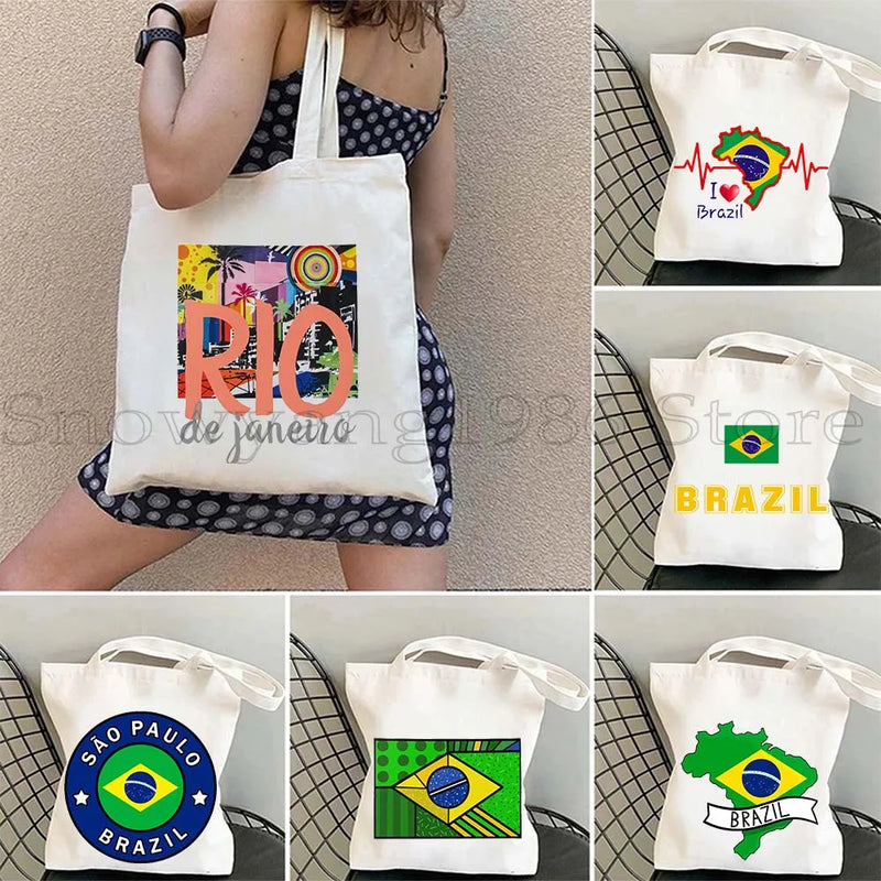Brazil Map Brazilian Flag Heartbeat Guitar Love Heart Country Watercolor Gift Shoulder Canvas Tote Bag Harajuku Fashion Handbag