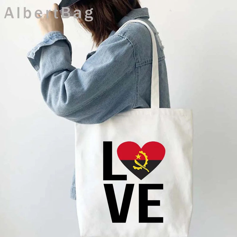 Luanda Angola Map Flag Emblem Gift Idea Love Heart South Africa Skyline Shopper Harajuku Canvas Tote Bag Cotton Shopping Handbag