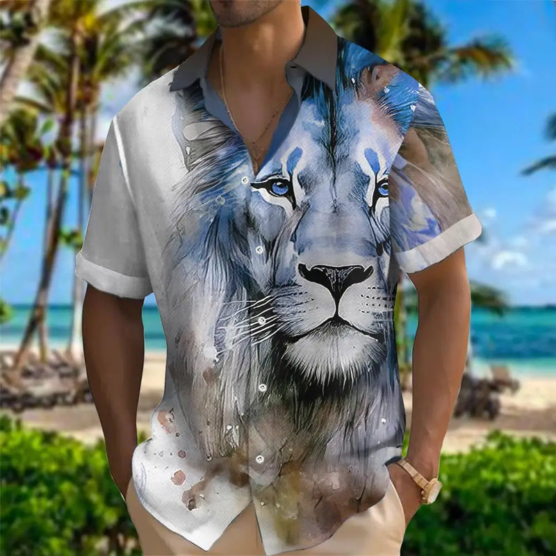 Summer Classic Style Lion Hawaiian Flower Male Social Retro Casual Slim Fit Dress Shirt Blouse Floral Men 3d Print Loose Camisas