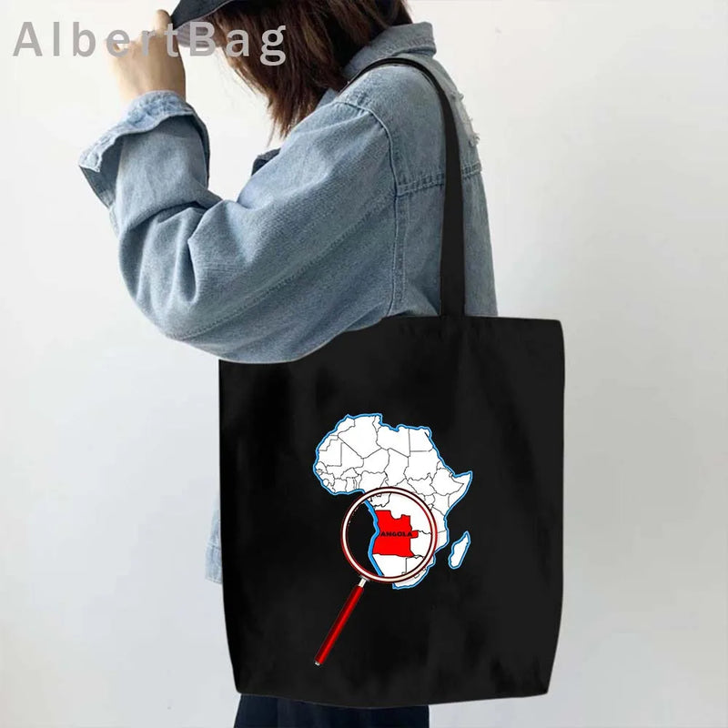 Luanda Angola Map Flag Emblem Gift Idea Love Heart South Africa Skyline Shopper Harajuku Canvas Tote Bag Cotton Shopping Handbag
