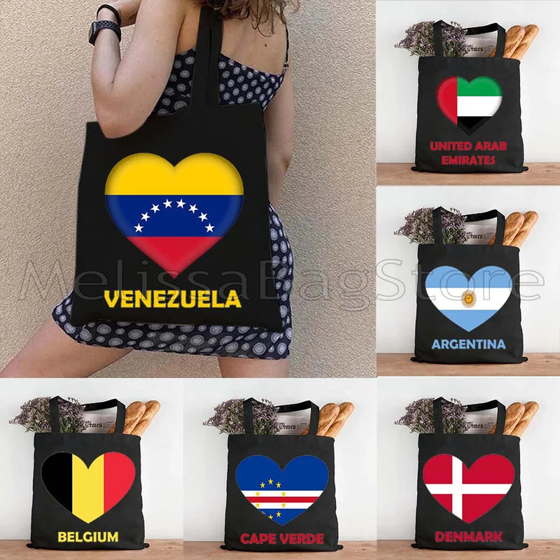 Love Denmark France Greece Egypt Ecuador Mexico Romania Djibouti USA UAE UK Belgium Cape Verde Heart Flag Cute Tote Bag Handbags
