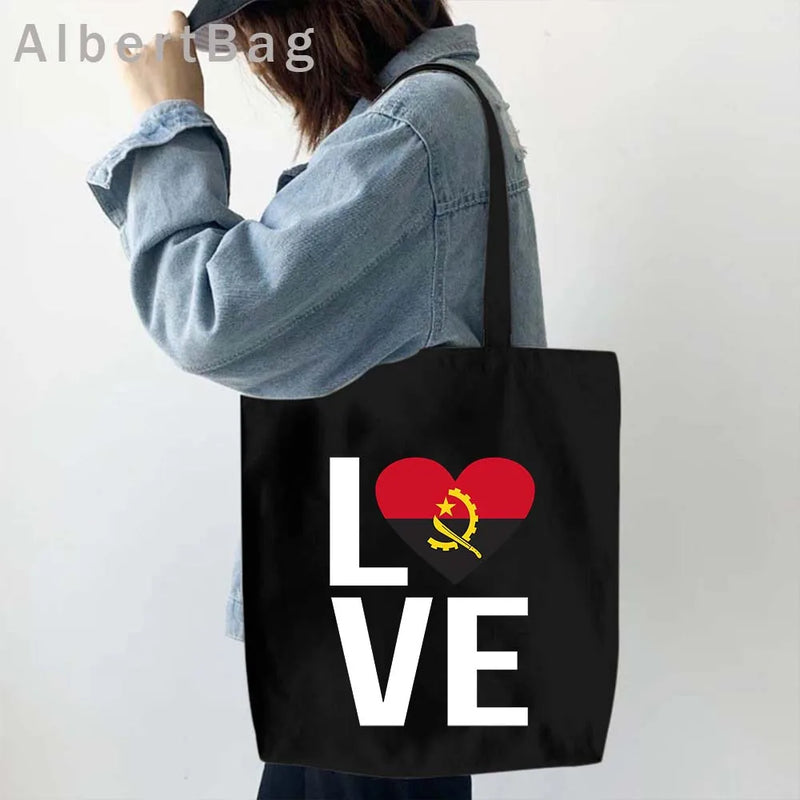 Luanda Angola Map Flag Emblem Gift Idea Love Heart South Africa Skyline Shopper Harajuku Canvas Tote Bag Cotton Shopping Handbag