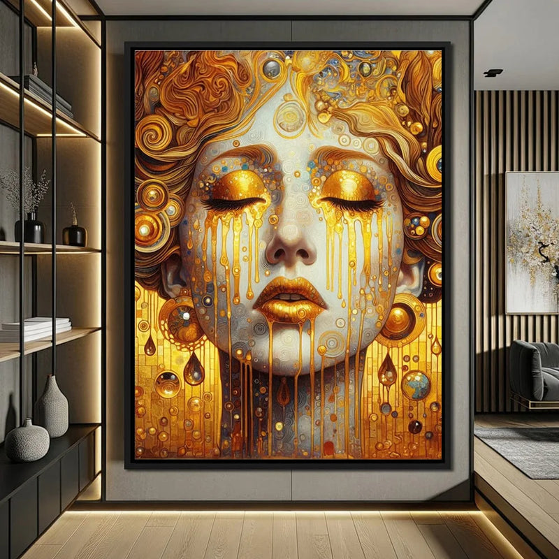 Gustav Klimt Style Female Portrait Art Poster Print Abstract Golden Tears Canvas Painting Modern Wall Art Living Room Home Decor