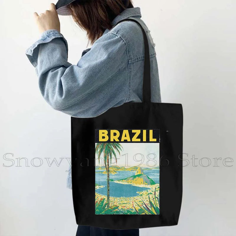 Brazil Map Brazilian Flag Heartbeat Guitar Love Heart Country Watercolor Gift Shoulder Canvas Tote Bag Harajuku Fashion Handbag