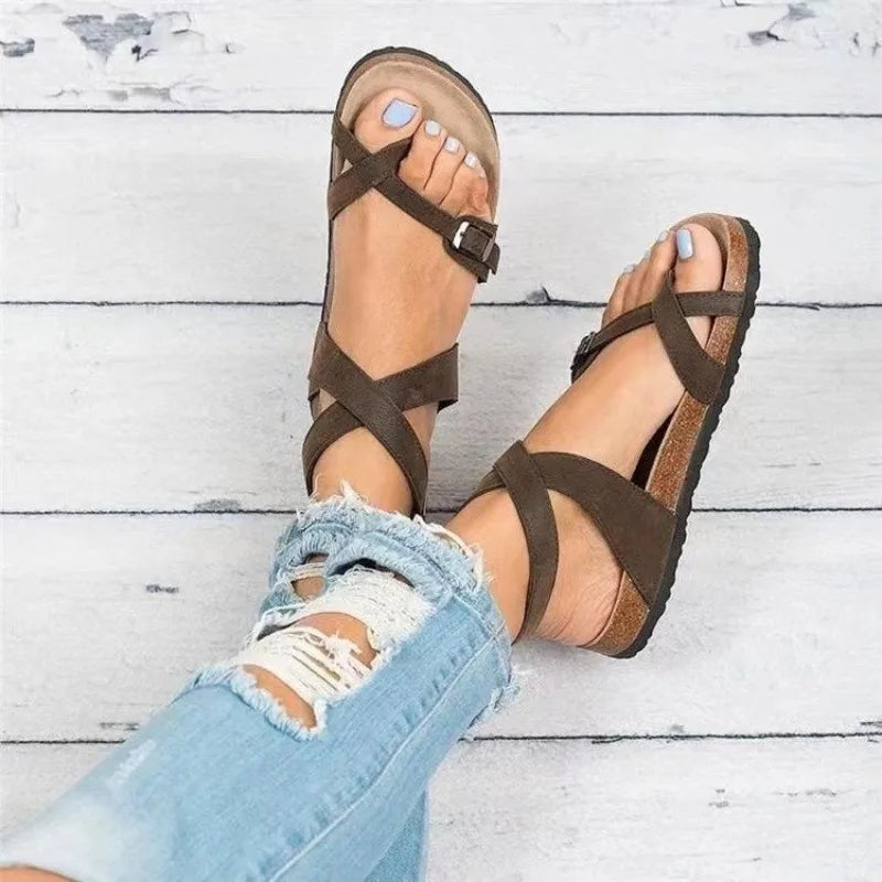 Multi Colored Womens Sandals with Open Toe Straight Buckle Strap Non Slip Wear-resistant 2025 New Summer Outdoor PU Flat Sandals