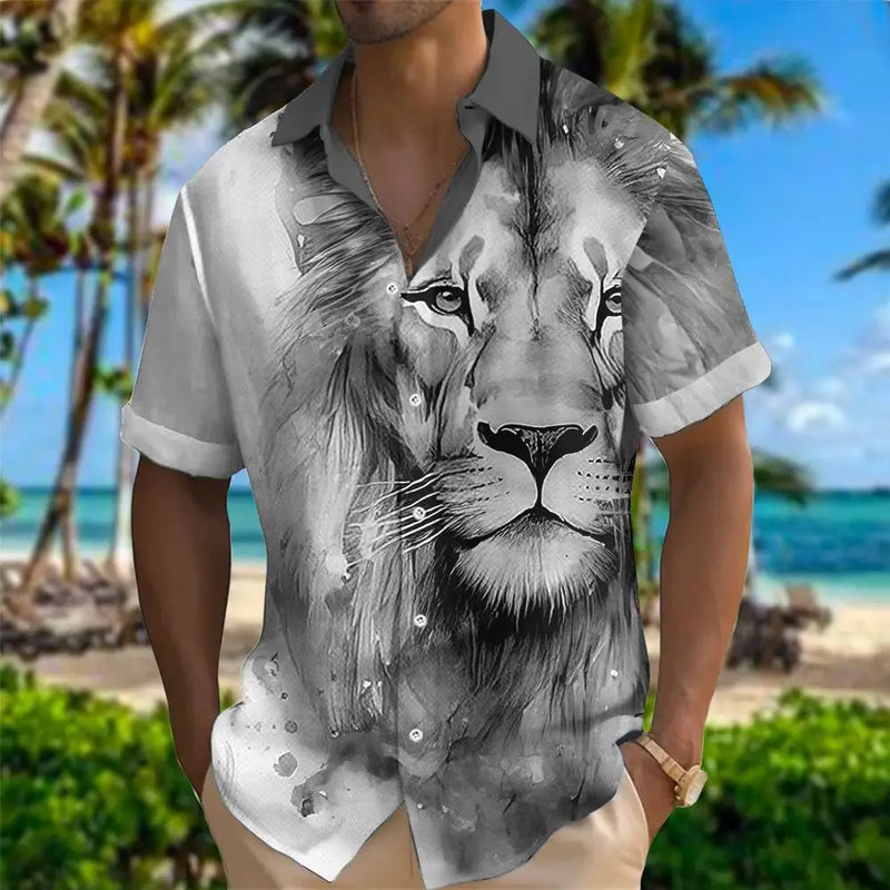 Summer Classic Style Lion Hawaiian Flower Male Social Retro Casual Slim Fit Dress Shirt Blouse Floral Men 3d Print Loose Camisas