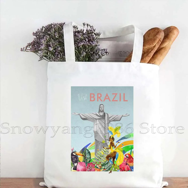 Brazil Map Brazilian Flag Heartbeat Guitar Love Heart Country Watercolor Gift Shoulder Canvas Tote Bag Harajuku Fashion Handbag