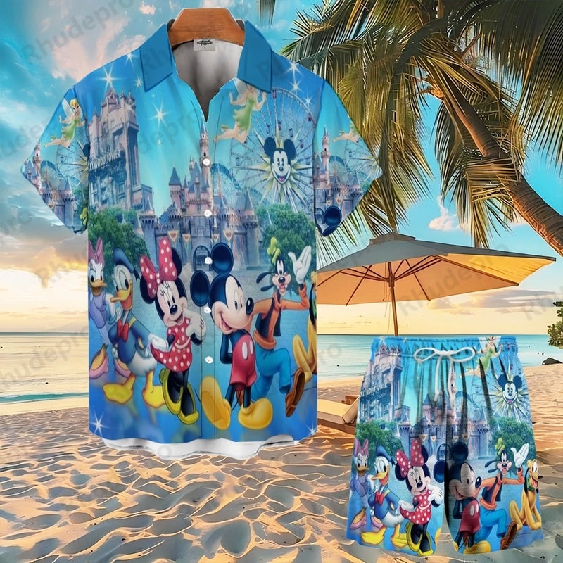 Disney Mickey Mouse Men Women Button Shirt Spider-Man Summer Short Cartoon Hawaii Shirt Set Beach Short Suit Donald Duck