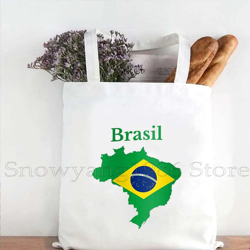 Brazil Map Brazilian Flag Heartbeat Guitar Love Heart Country Watercolor Gift Shoulder Canvas Tote Bag Harajuku Fashion Handbag