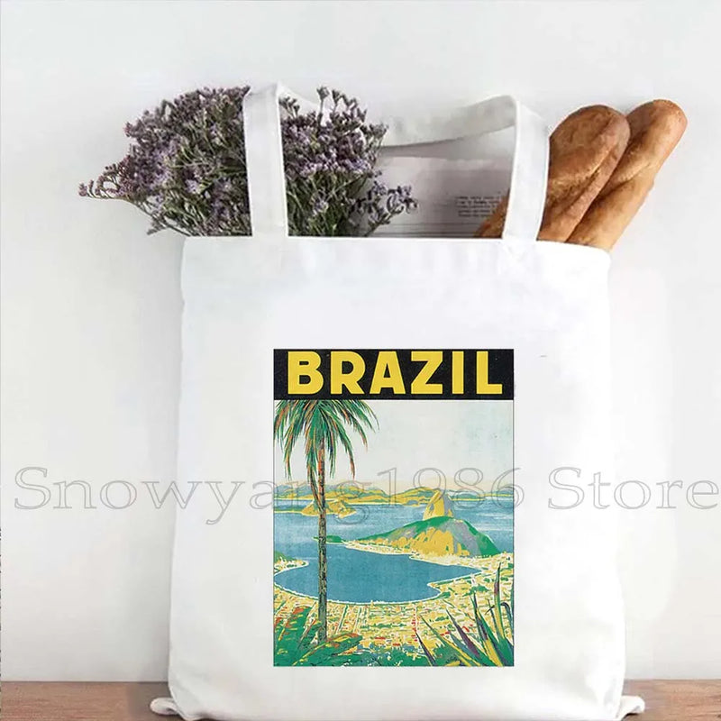 Brazil Map Brazilian Flag Heartbeat Guitar Love Heart Country Watercolor Gift Shoulder Canvas Tote Bag Harajuku Fashion Handbag
