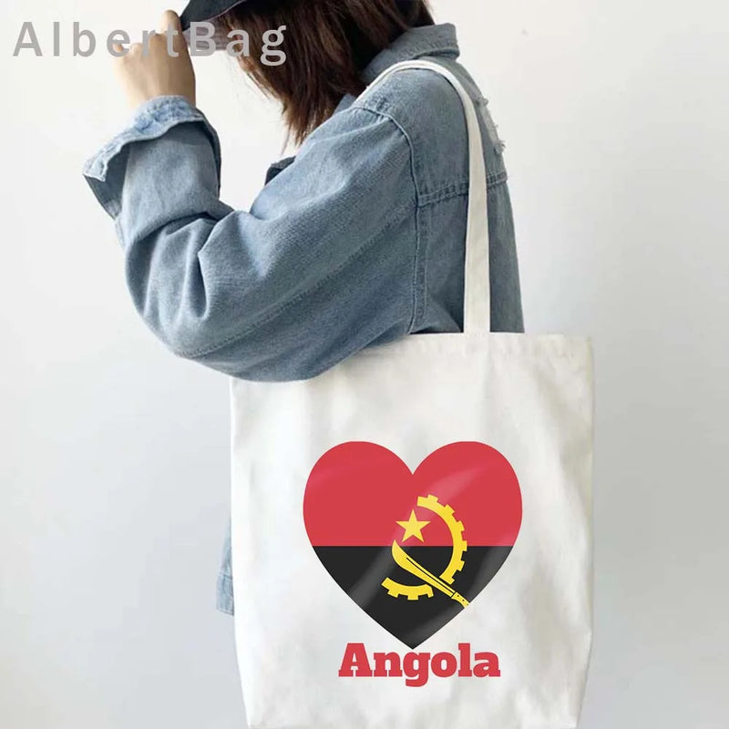 Luanda Angola Map Flag Emblem Gift Idea Love Heart South Africa Skyline Shopper Harajuku Canvas Tote Bag Cotton Shopping Handbag