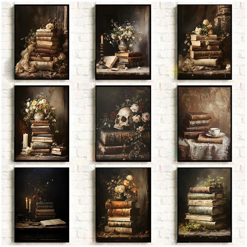 Retro Abstract Dark College Books Skull Flowers Candles Poster Canvas Art Painting Printing Home Room Wall Pictures Decor Gift