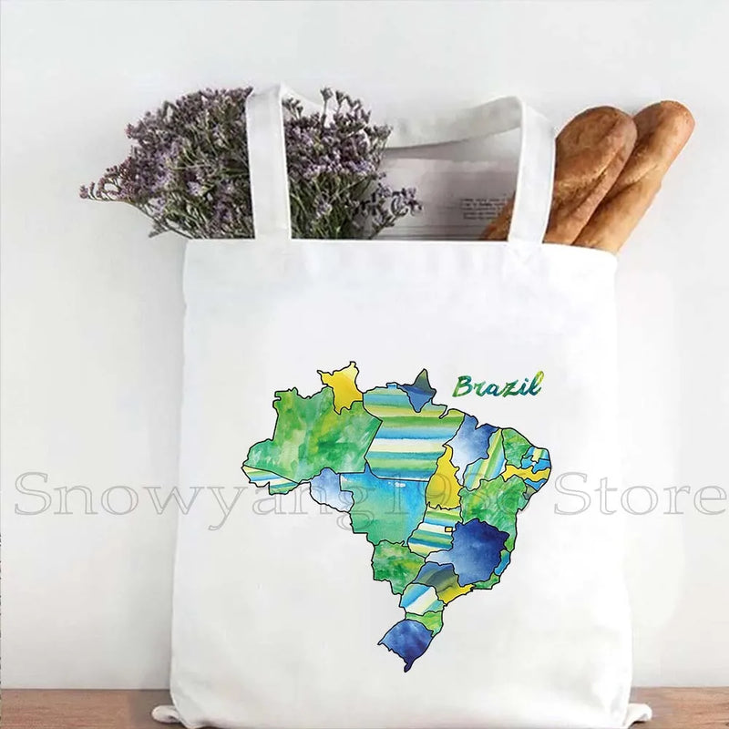 Brazil Map Brazilian Flag Heartbeat Guitar Love Heart Country Watercolor Gift Shoulder Canvas Tote Bag Harajuku Fashion Handbag