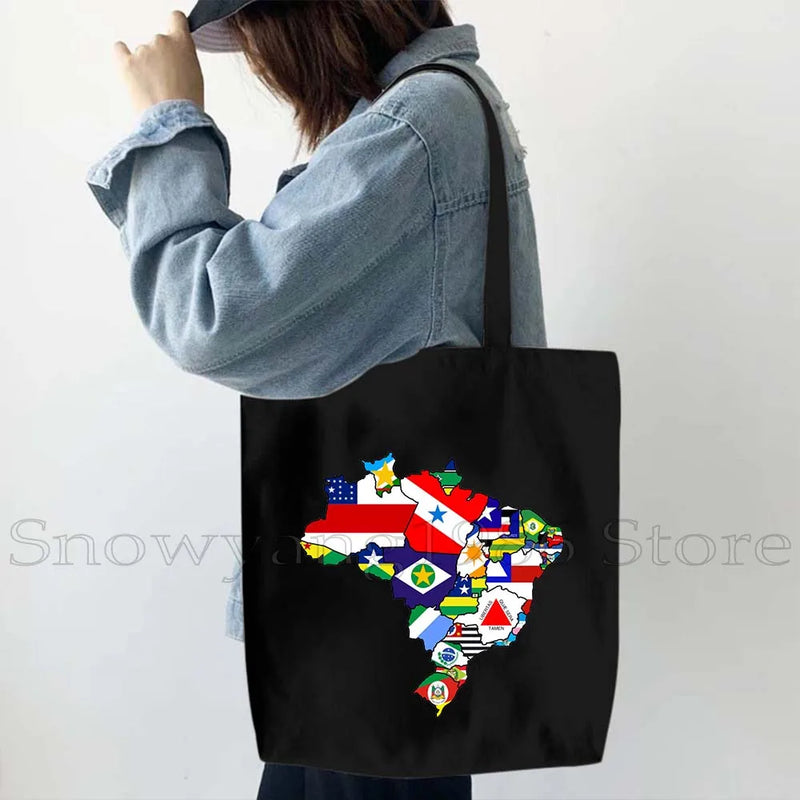 Brazil Map Brazilian Flag Heartbeat Guitar Love Heart Country Watercolor Gift Shoulder Canvas Tote Bag Harajuku Fashion Handbag