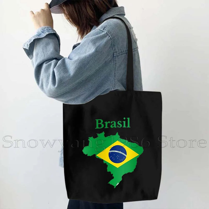 Brazil Map Brazilian Flag Heartbeat Guitar Love Heart Country Watercolor Gift Shoulder Canvas Tote Bag Harajuku Fashion Handbag