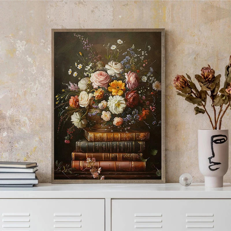 Retro Abstract Dark College Books Skull Flowers Candles Poster Canvas Art Painting Printing Home Room Wall Pictures Decor Gift