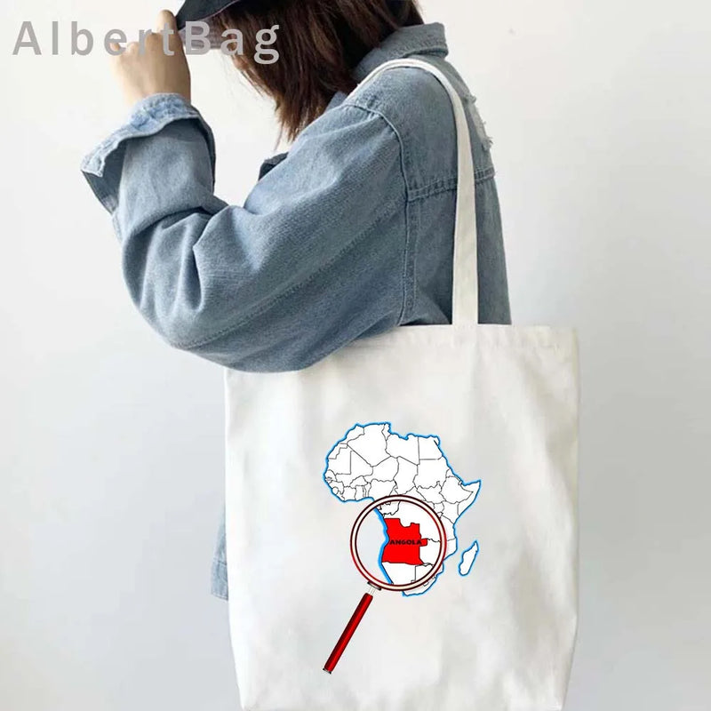 Luanda Angola Map Flag Emblem Gift Idea Love Heart South Africa Skyline Shopper Harajuku Canvas Tote Bag Cotton Shopping Handbag