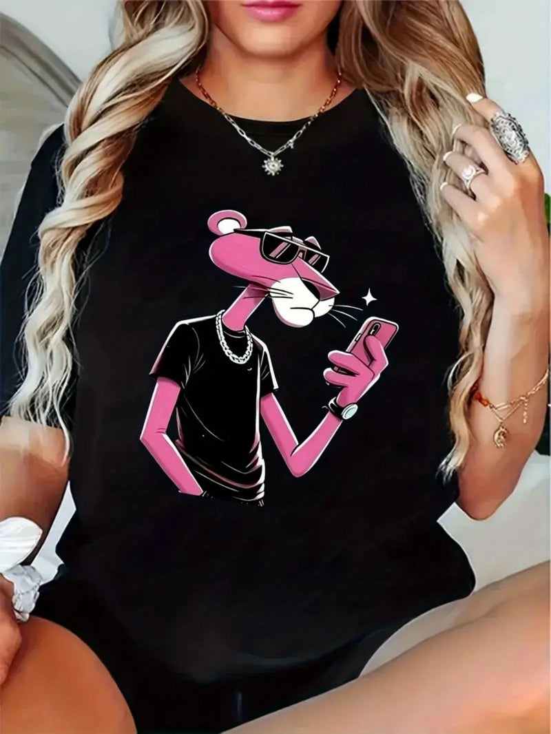 2025 Pink Panther Women's Clothing T-Shirt Fashionable Anime And Cartoon Style Short Sleeved Street Trend Cotton Clothing