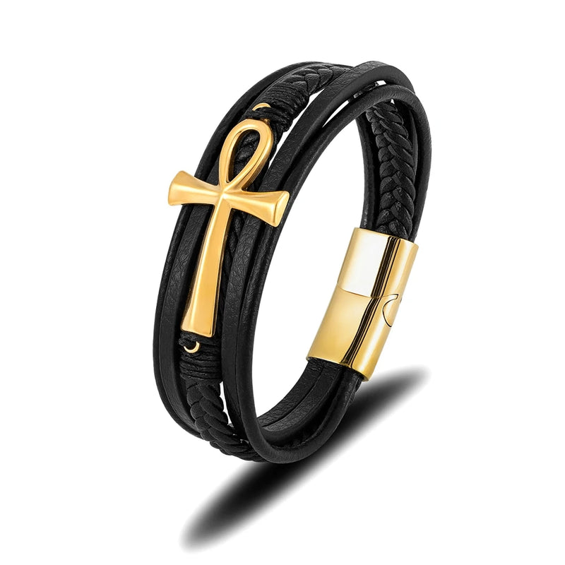 MKENDN Simple Classic Cross Egyptian Ankh Life Symbol Antique Multilayer Leather Bracelet Men 316L Magnetic Clasp Wrap Bangle