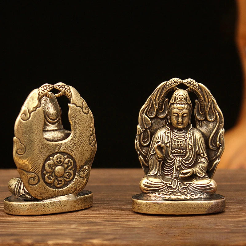 Antique Brass Small Buddha Statue Pocket Guanyin Miniature Figurines Home Office Desk Decorative Ornament Statue Gifts
