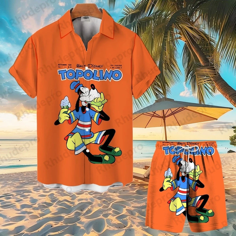 Disney Mickey Mouse Men Women Button Shirt Spider-Man Summer Short Cartoon Hawaii Shirt Set Beach Short Suit Donald Duck