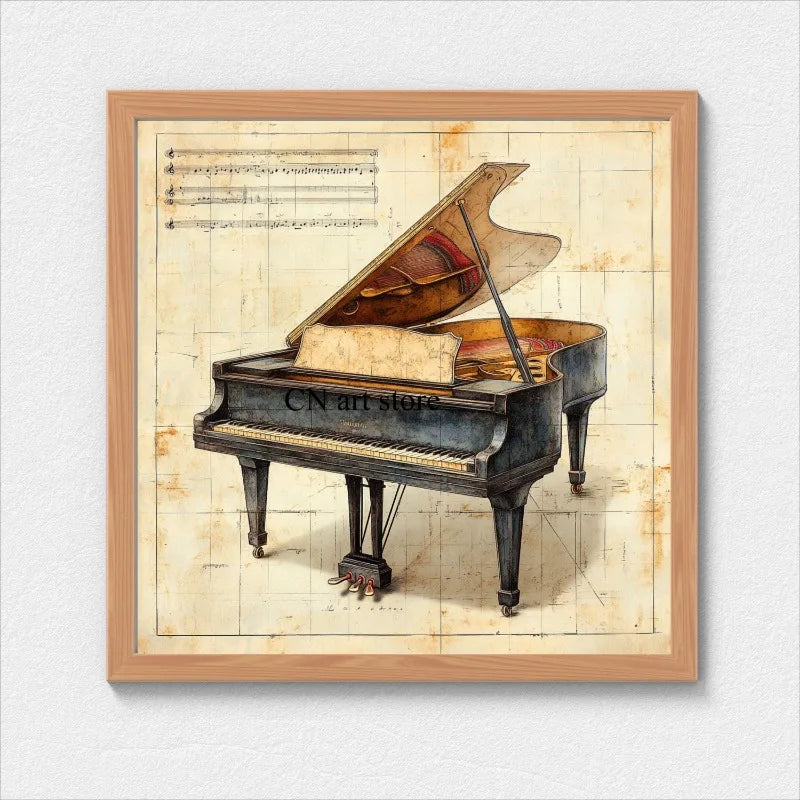 Retro Antique Music Instruments Guitar Microphone Drums Piano Art Poster Canvas Painting Wall Prints Picture Room Home Decor