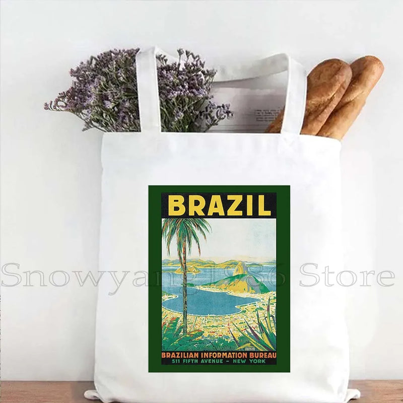 Brazil Map Brazilian Flag Heartbeat Guitar Love Heart Country Watercolor Gift Shoulder Canvas Tote Bag Harajuku Fashion Handbag