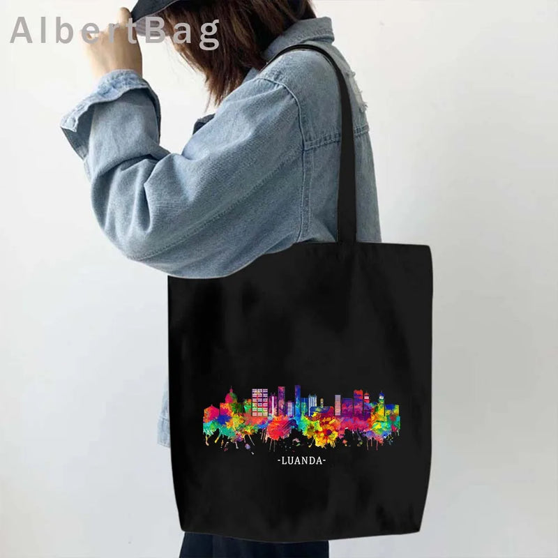 Luanda Angola Map Flag Emblem Gift Idea Love Heart South Africa Skyline Shopper Harajuku Canvas Tote Bag Cotton Shopping Handbag