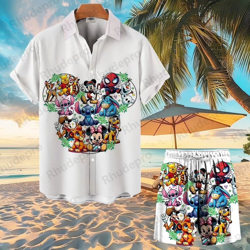 Disney Mickey Mouse Men Women Button Shirt Spider-Man Summer Short Cartoon Hawaii Shirt Set Beach Short Suit Donald Duck