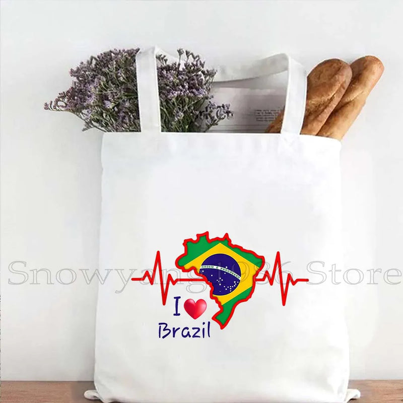 Brazil Map Brazilian Flag Heartbeat Guitar Love Heart Country Watercolor Gift Shoulder Canvas Tote Bag Harajuku Fashion Handbag