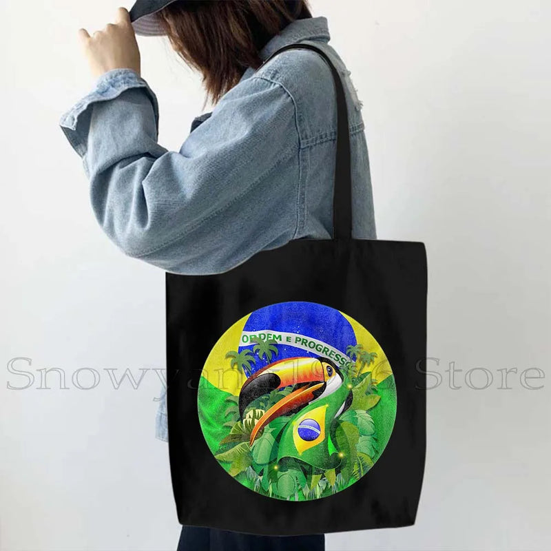 Brazil Map Brazilian Flag Heartbeat Guitar Love Heart Country Watercolor Gift Shoulder Canvas Tote Bag Harajuku Fashion Handbag