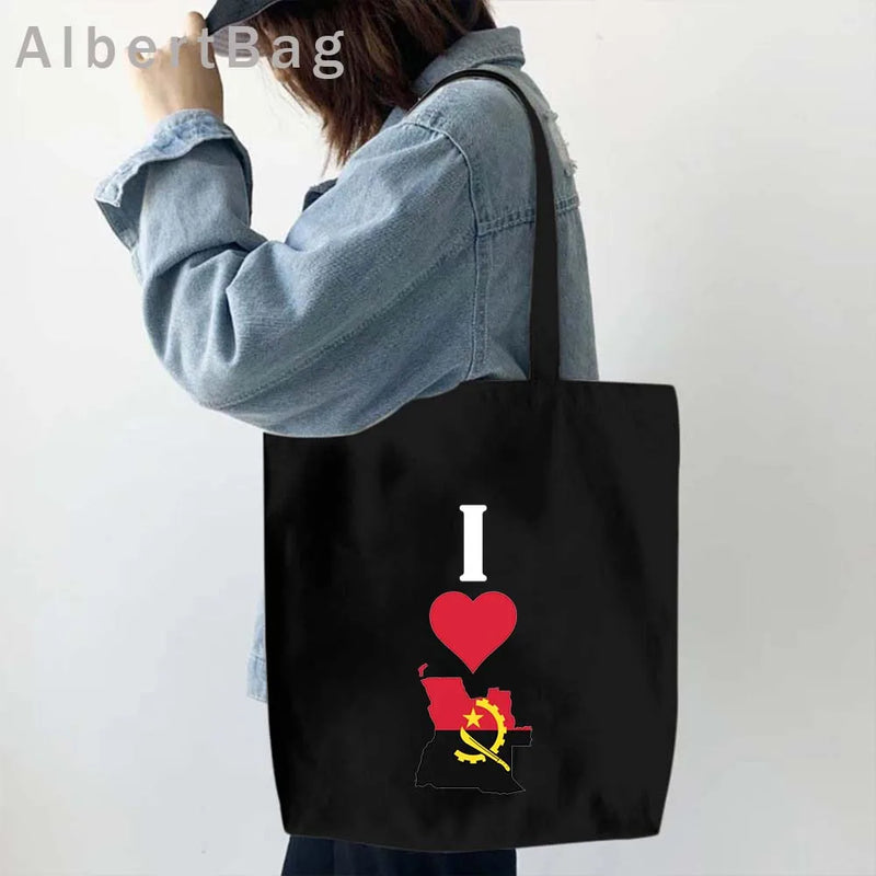Luanda Angola Map Flag Emblem Gift Idea Love Heart South Africa Skyline Shopper Harajuku Canvas Tote Bag Cotton Shopping Handbag