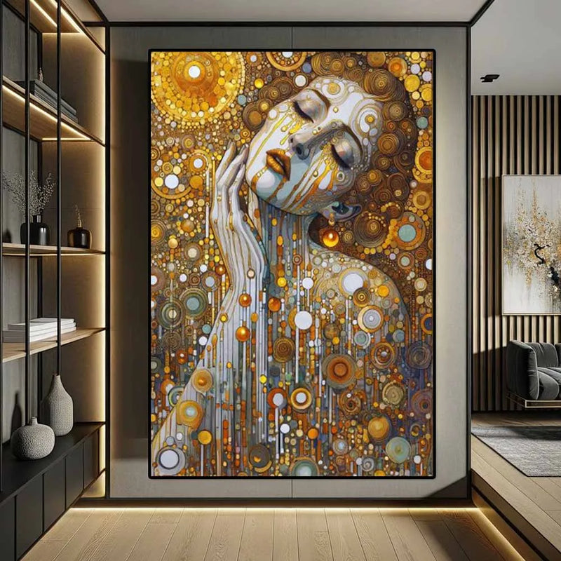 Gustav Klimt Style Female Portrait Art Poster Print Abstract Golden Tears Canvas Painting Modern Wall Art Living Room Home Decor