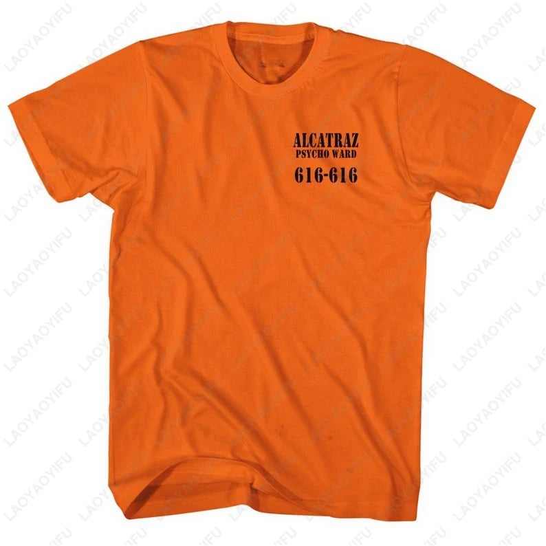 Alcatraz Psycho Ward T-Shirt Prisoner Halloween Orange Tees Costume Halloween Outfit for Men Convict Summer Casual Cotton Tops