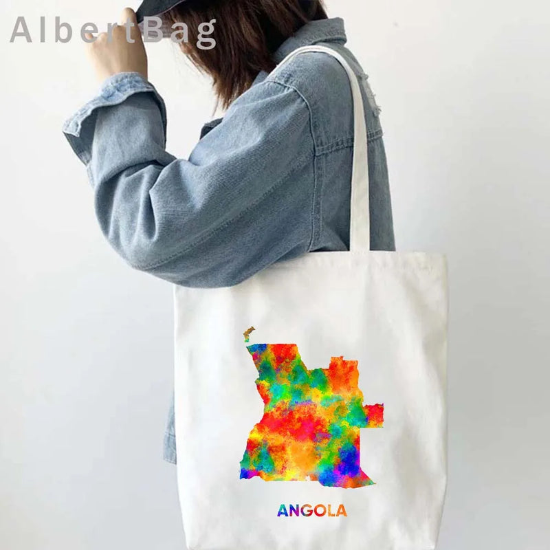 Luanda Angola Map Flag Emblem Gift Idea Love Heart South Africa Skyline Shopper Harajuku Canvas Tote Bag Cotton Shopping Handbag
